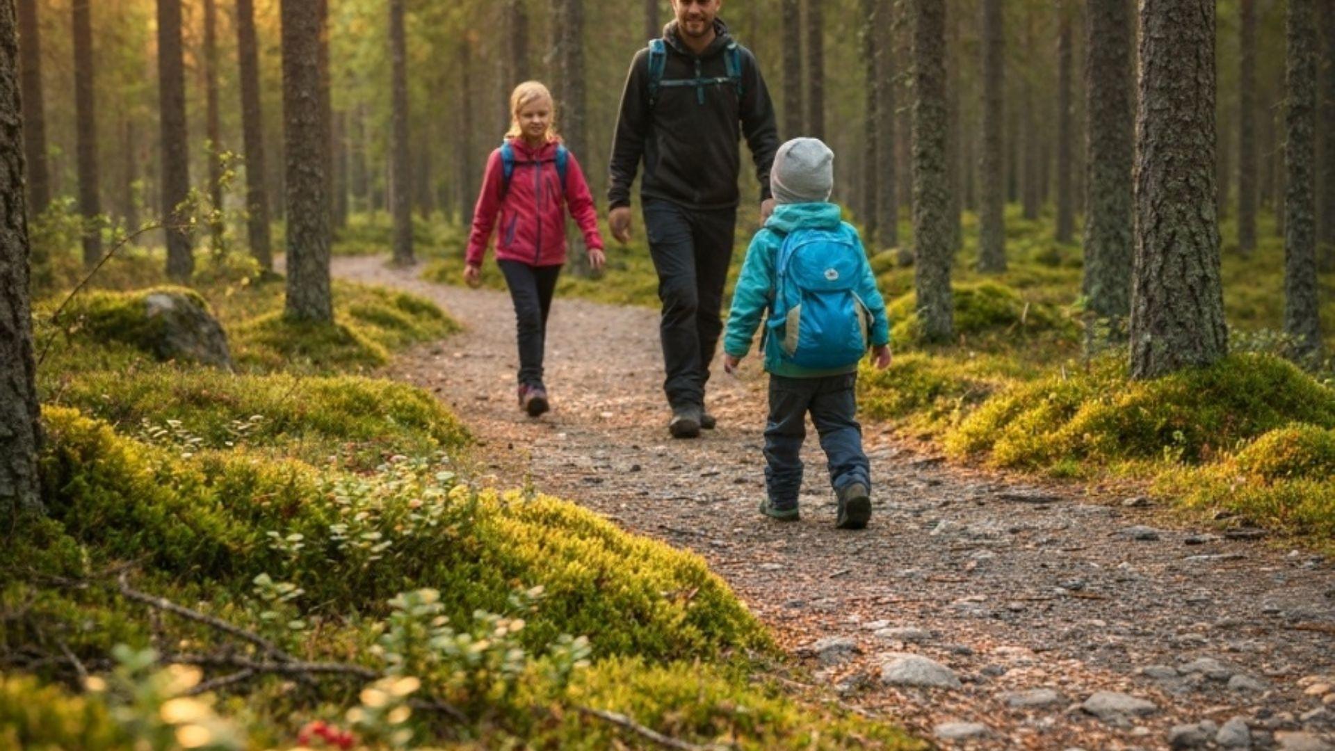 Familie på tur i solfylt furuskog med barn i teknisk bæremeis