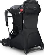 Osprey Poco Child Carrier i sort sett fra siden med barnesete og solskjerm