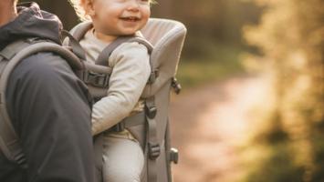 Smilende småbarn sitter trygt i bæremeis på forelderens rygg i varmt skogslys
