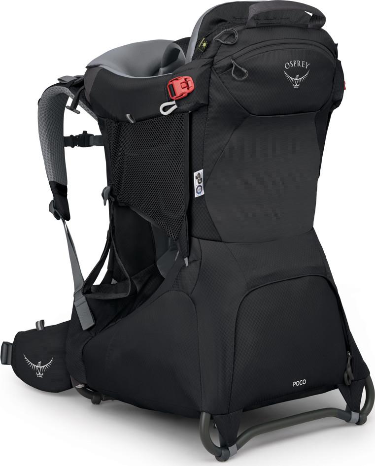 Osprey Poco Child Carrier i sort sett fra siden med barnesete og solskjerm